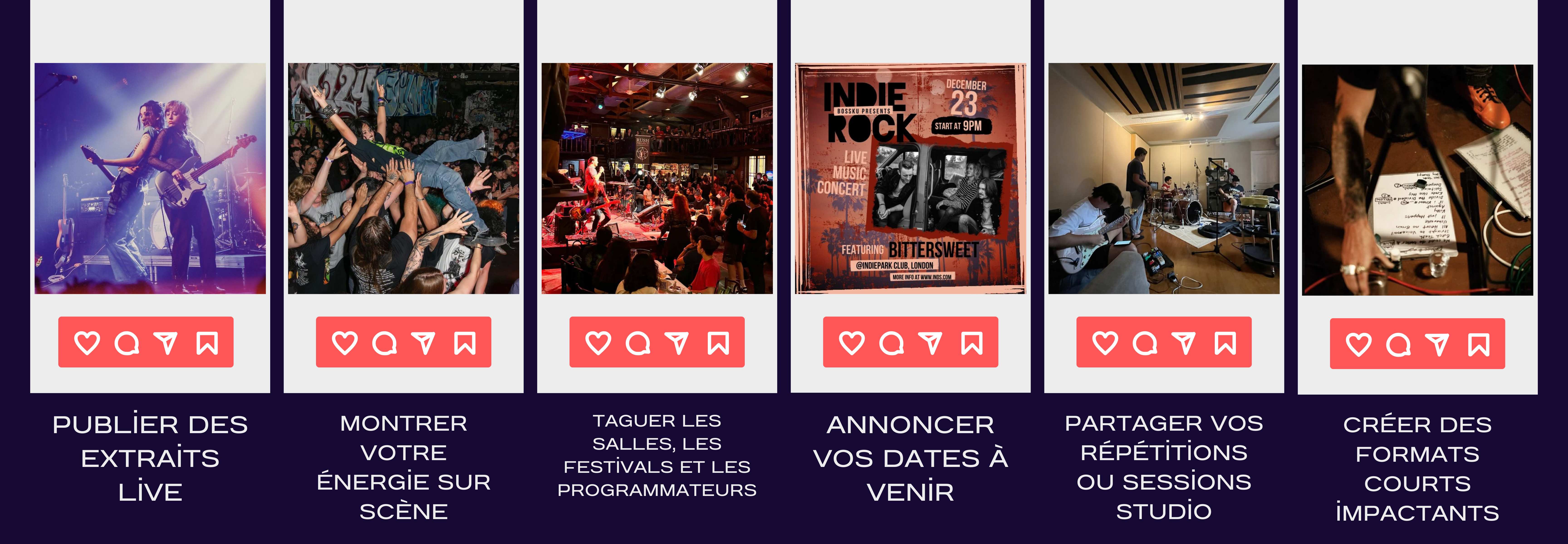 publier des extraits live, montrer votre énergie sur scène, annoncer vos dates à venir, taguer les salles, les festivals et les programmateurs, partager vos répétitions ou sessions studio, créer des formats courts impactants.