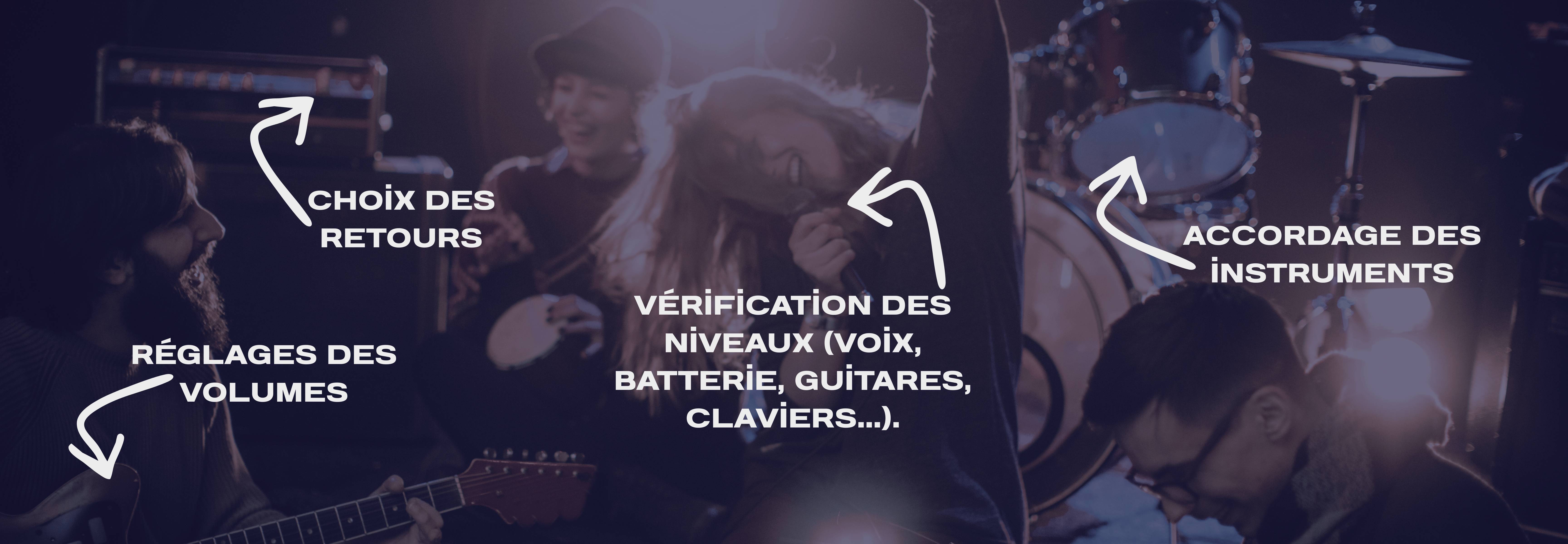 accordages des instruments, réglages de volumes, choix des retours, vérification des niveaux (voix, batterie, guitares, claviers…).